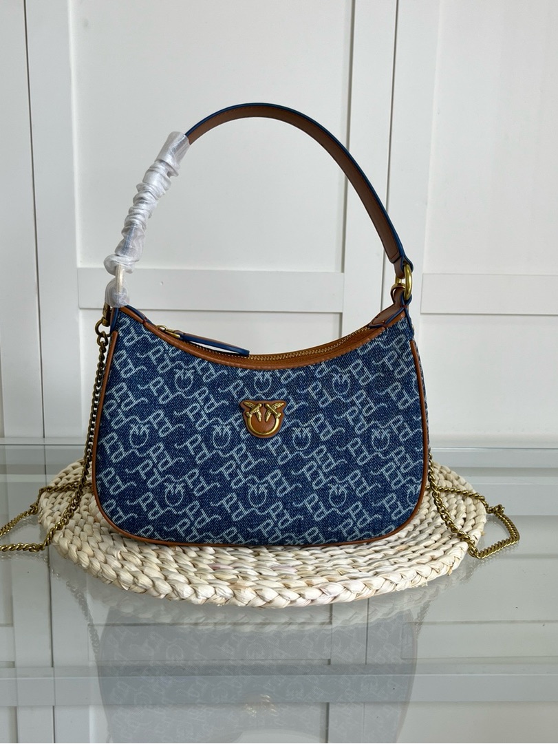 Pinko Blue Denim Logo Shoulder Bag With Brown Trim